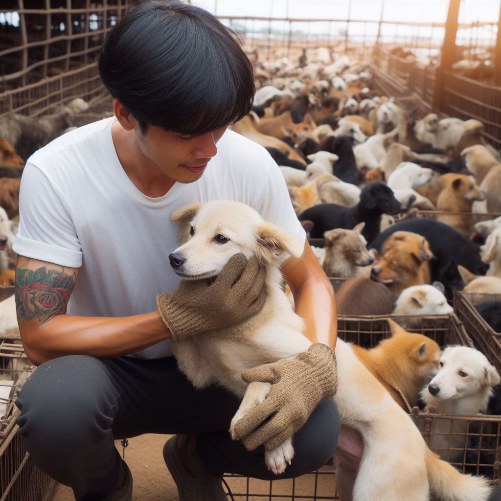 kind-hearted individuals rescuing animals from overcrowded and neglected environments, highlighting the emotional aspect of saving lives.
