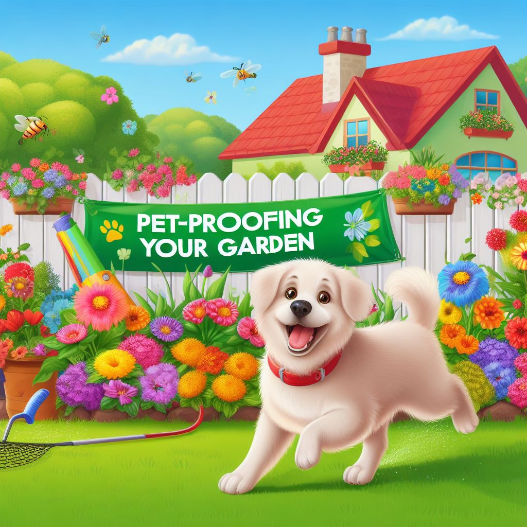 A beautiful garden with colorful flowers, a happy dog playing safely, and a "Pet-Proofing Your Garden" 