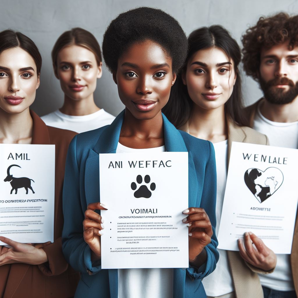 A group of diverse people advocating for animal welfare, highlighting the societal impact and ethical considerations of animal protection laws