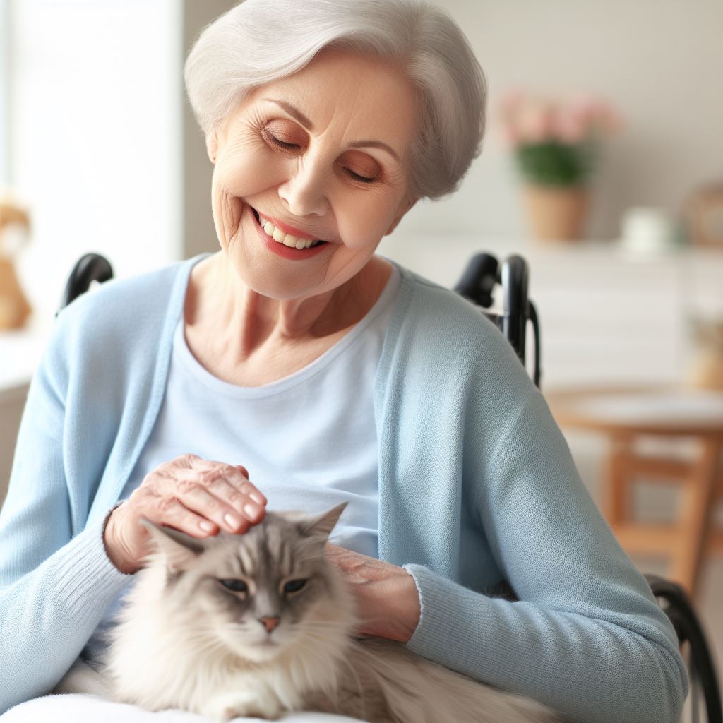A serene elderly person in a nursing home, smiling while petting a therapy cat, highlighting the comfort and companionship provided by animals