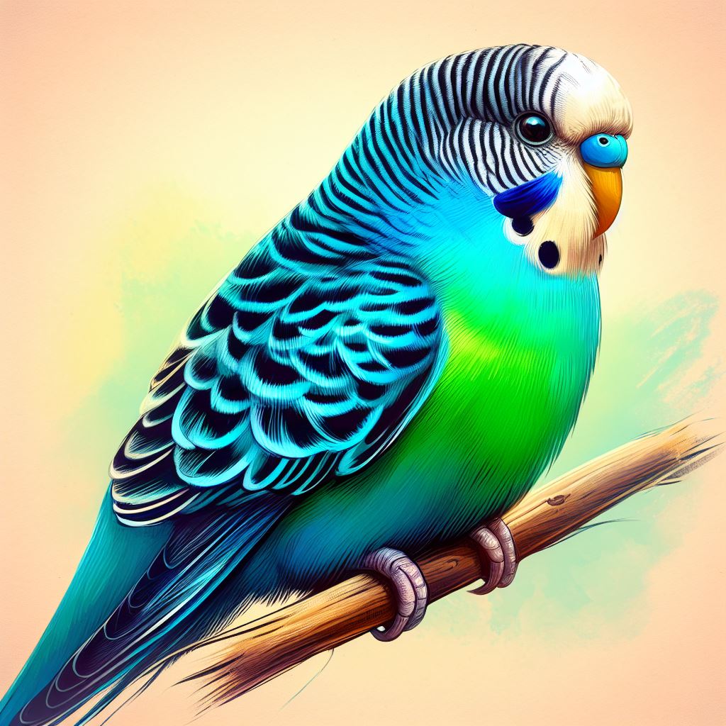 A vibrant Budgerigar with striking blue and green plumage perches on a twig, symbolizing the beauty and charm of these feathered companion