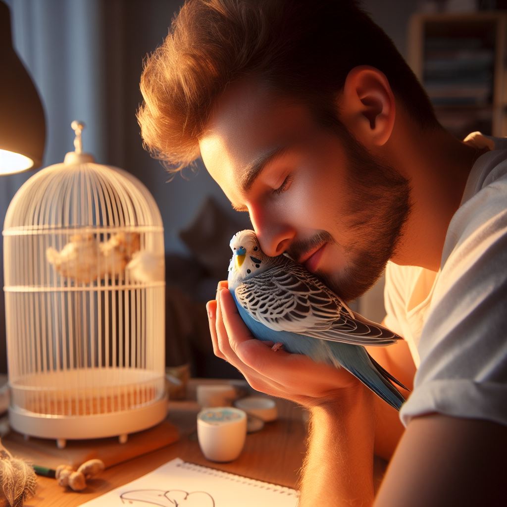An image of a passionate bird enthusiast spending quality time with their Budgerigar, highlighting the deep connection and emotional fulfillment that these tiny companions bring